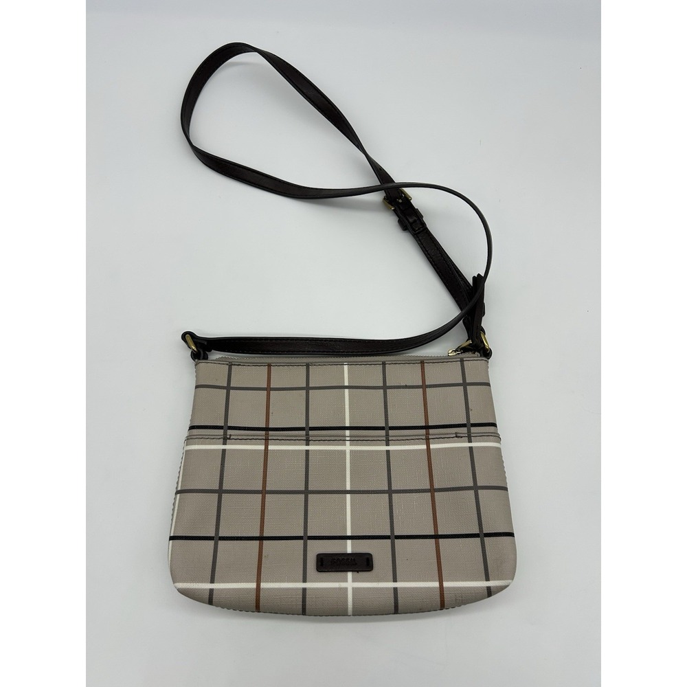 Fossil Gray Plaid Fiona Crossbody Bag Womens‎ Window Pane Print Purse Handbag